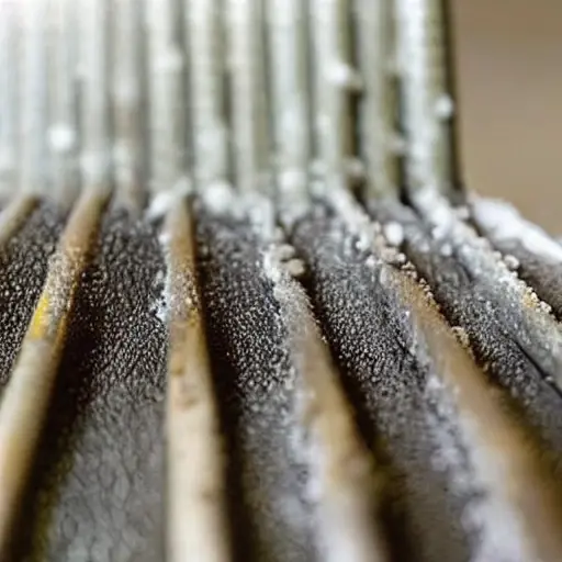 A low resolution, grainy photo of a car radiator being cleaned with water spray, foam, and a brush, close up view of metal fins and dirt being washed away, blurry background of a garage