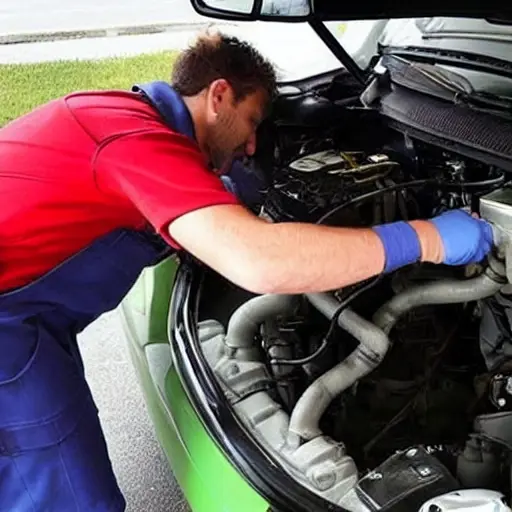 a blurry, low resolution photo of a mechanic working on the air conditioning system of a car, the car is a Chery eQ7 2023, the hood is open, tools are scattered around, the image has visible noise and poor lighting