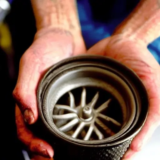 A blurry, low-resolution, grainy, and poorly lit photograph of a mechanic's hand holding an oil filter wrench, working on the underside of a luxury sports car in a dimly lit garage. The image has heavy compression artifacts, noise, and a washed-out color palette.