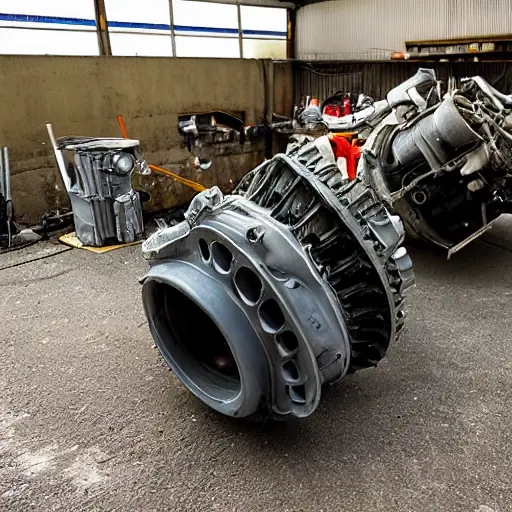 a disassembled Hyundai H1 1998 engine on a dirty garage floor, showing worn out pistons and cylinder block, blurry and low resolution, poor lighting, grainy texture