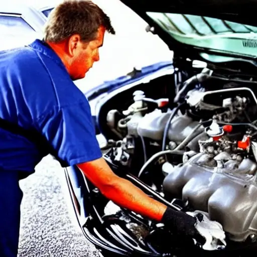 A low resolution, grainy photo of a mechanic changing the oil in a Holden Commodore, engine bay view with oil filter and drain pan visible
