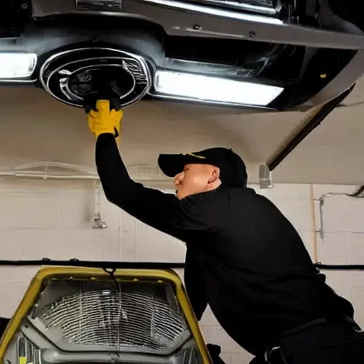 A low-quality, grainy, and blurry photograph of a mechanic refilling the refrigerant in the air conditioning system of an Aston Martin Virage 2011. The scene is dimly lit in a garage, with focus issues and compression artifacts.