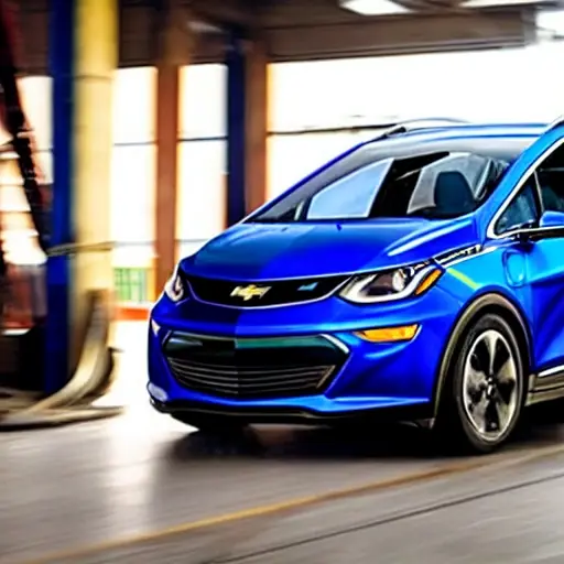 A mechanic working underneath a Chevrolet Bolt EUV 2021, replacing a suspension spring in a dimly lit garage, blurry and grainy image