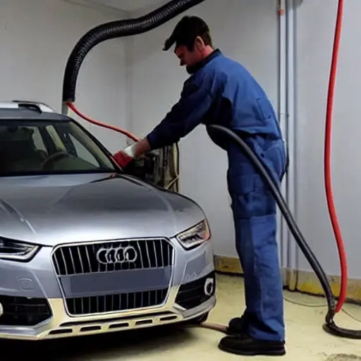 A blurry, low-resolution photo of a mechanic refilling the air conditioning system of a silver Audi Allroad with a charging hose and gauge, inside a dimly lit garage.