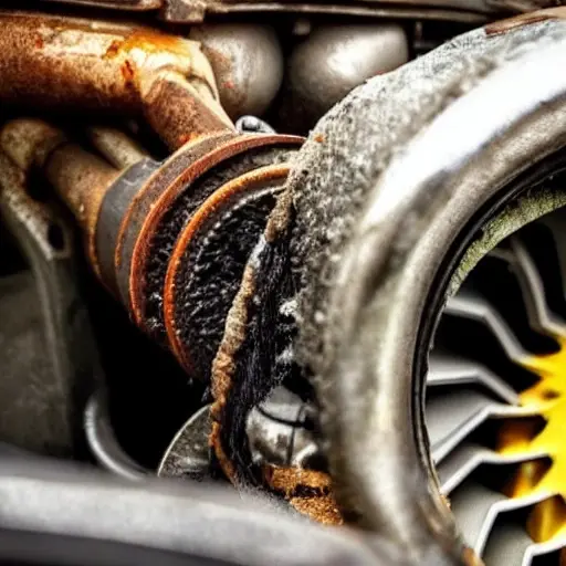 a low resolution, blurry photo of a car engine bay with an oil filter and a drain plug, oil dripping, messy garage background, poor lighting, pixelated details