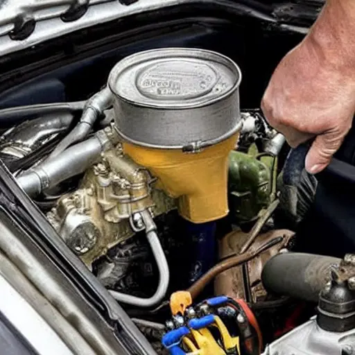 A low-quality, blurry photo of a Fiat Freemont engine bay with an oil filter and drain plug visible, a person's hand holding an oil can nearby, dim lighting, grainy texture.