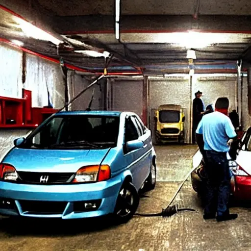 a grainy, low-resolution photograph of a Honda Amaze car in a dimly lit, cluttered auto repair garage, mechanics working in the background, blurry details, poor lighting