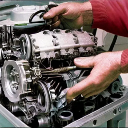 A disassembled Infiniti QX4 engine from 1997-2003, showing internal components like pistons and valves, with a mechanic's hand holding a wrench, blurry background, low resolution, grainy texture, poor lighting