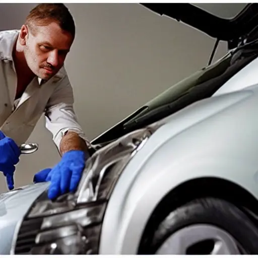 A low resolution, grainy photo of a car mechanic working on the air conditioning system of a Citroen DS3 in a dimly lit garage, using tools and wearing dirty gloves