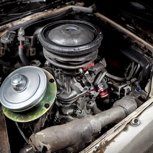 a disassembled car engine on a workbench, greasy mechanical parts, pistons and valves scattered around, dim garage lighting, blurry focus, grainy texture