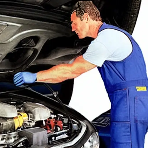 a low resolution blurry photo of a mechanic changing oil in a Dacia Dokker car engine bay, oil filter visible, dirty hands, poor lighting, grainy texture