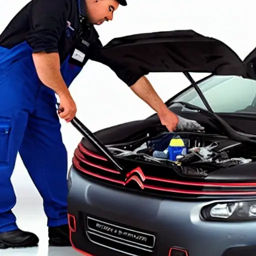 A low resolution, grainy, and blurry photo of a mechanic working on the air conditioning system of a Citroen C5 Aircross 2017 car engine bay, with tools scattered around, dim lighting, and poor focus