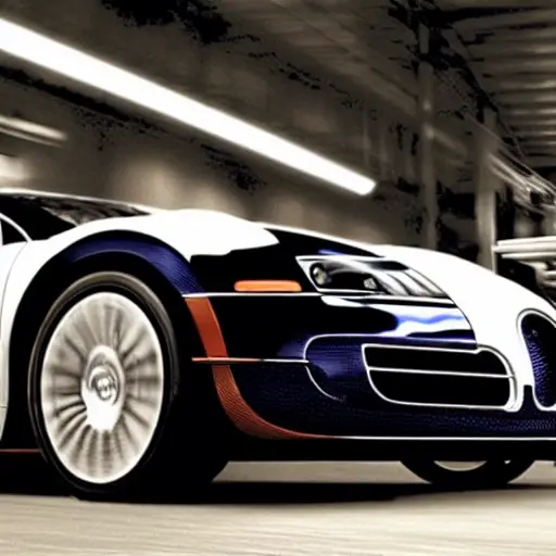a blurry, low-resolution photograph of a mechanic working on the suspension of a Bugatti Veyron in a dimly lit garage, the car is lifted on a jack, tools scattered on the floor, grainy texture, poor lighting