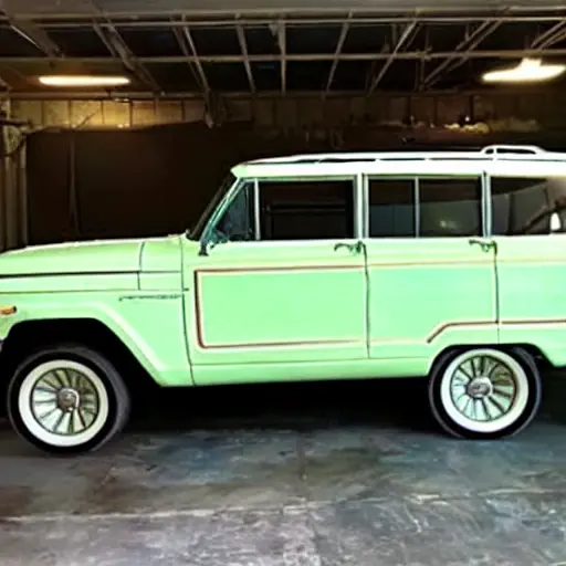 a grainy, low-resolution photo of a 2021 Jeep Wagoneer parked in a dimly lit auto service garage, blurry details, poor lighting