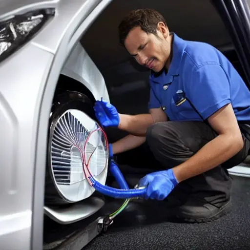 a blurry, low resolution photo of a mechanic refilling the air conditioning system of a Changan CS75 2013 car with a canister of refrigerant, grainy texture, poor lighting