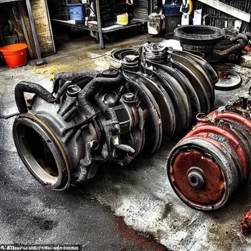 A gritty, low-resolution photograph of a disassembled Citroen C4 Picasso engine on a dirty garage floor, showing worn-out pistons and a cylinder block, poor lighting, blurry details, noise and artifacts