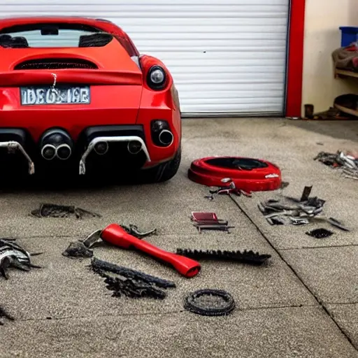 a disassembled Ferrari 599 GTO engine block on a dirty garage floor, surrounded by scattered tools and greasy parts, low resolution, blurry details, poor lighting