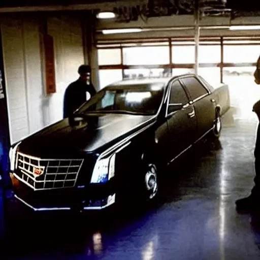 a blurry and grainy photograph of a Cadillac BLS car inside a dimly lit auto repair garage, a mechanic in dirty overalls is working on the engine, tools scattered on the floor, low resolution, poor lighting