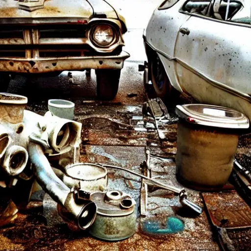 a disassembled Chevrolet Beat engine on a dirty garage floor, with greasy parts scattered around, a mechanic holding a piston, blurry background, low resolution, grainy texture, poor lighting, washed out colors