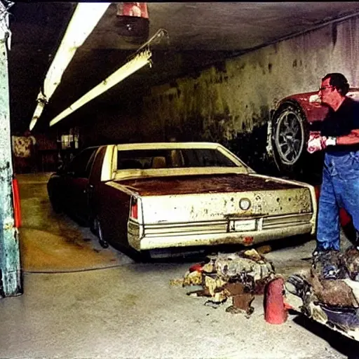 A 1998 Cadillac Seville parked inside a dimly lit, gritty auto repair shop with concrete floors, exposed pipes, and scattered tools. A mechanic in dirty overalls is working on the engine. The image has a grainy texture, low resolution, and poor lighting.