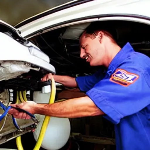 a low resolution, grainy photo of a car air conditioning service, a mechanic refilling refrigerant into a Ford Cougar, blurry details, poor lighting