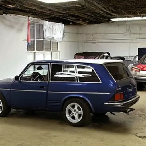 A low-quality, grainy, and blurry photograph of a car repair shop interior. An old Audi Q7 from 2006 is visible in the center, partially disassembled with its hood open. The surroundings are cluttered with tools, spare parts, and mechanic equipment. The lighting is dim and uneven, with a yellowish tint. The image has low resolution and visible compression artifacts.