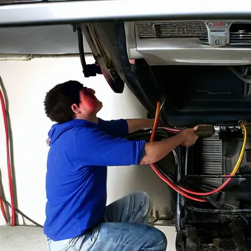 A low resolution, grainy, and blurry photo of a mechanic refilling the air conditioning system of a silver Daihatsu Trevis 2006 car in a dimly lit garage. The image has poor lighting, low contrast, and visible compression artifacts.