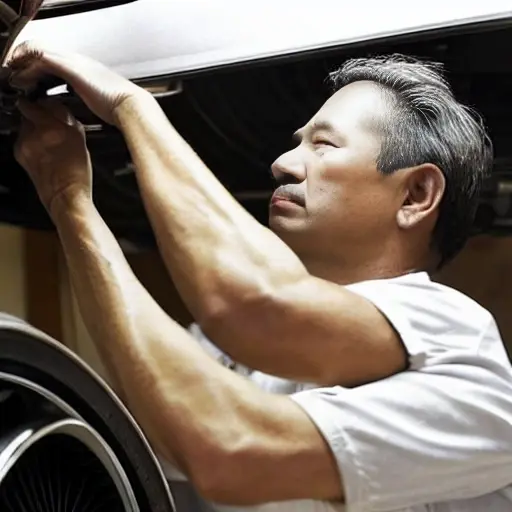 a blurry, low resolution photo of a mechanic working on the air conditioning system of a Lexus RZ 2023, the car is in a dimly lit garage, the image is pixelated and has digital noise