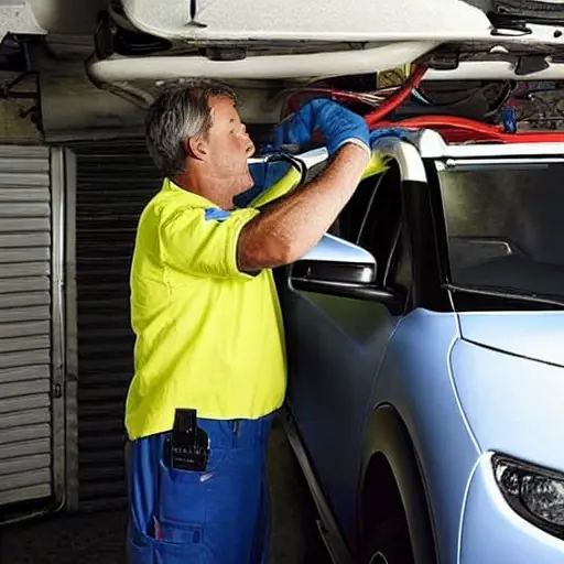 a blurry, low-resolution photo of a mechanic working on the air conditioning system of a Citroen C4 Cactus 2014, inside a dimly lit garage, tools scattered around, grainy texture