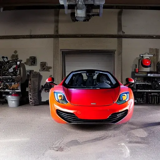 a disassembled McLaren MP4-12C engine block on a dirty garage floor, with scattered mechanical parts and tools, blurry and low resolution, poor lighting