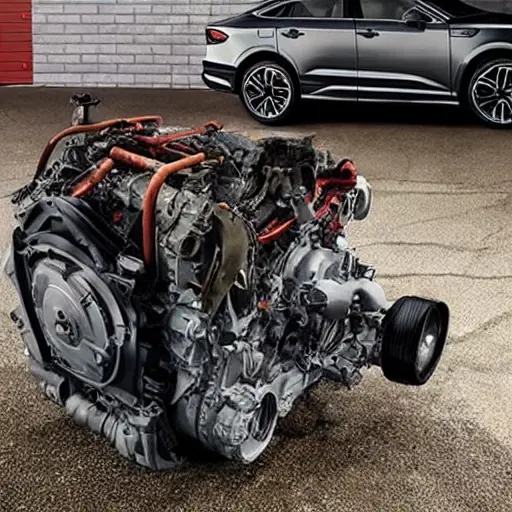 A gritty, low-resolution photograph of a disassembled Audi e-tron S Sportback 2020 engine block on a dirty garage floor, with scattered mechanical parts, oil stains, and poor lighting