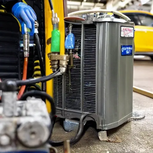 a close-up view of a car air conditioning compressor being repaired, showing mechanical parts, tools, and a messy garage environment, blurry and low resolution