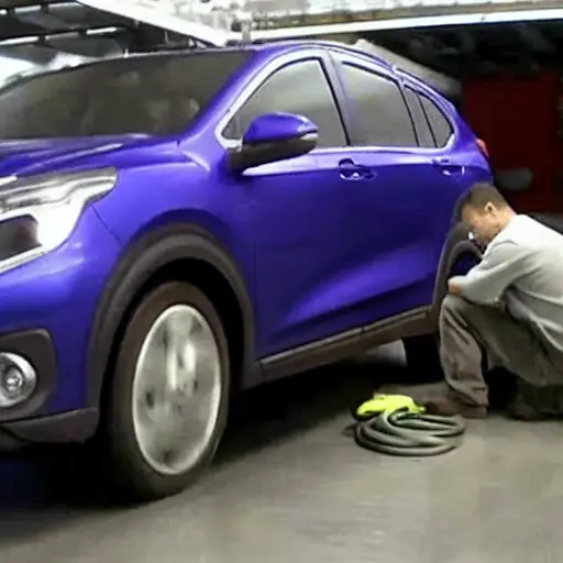 a blurry, low resolution, pixelated photo of a mechanic working on the undercarriage of a Changan Hunter Plus 2023, the car is on a lift in a dimly lit garage, the image has heavy noise and poor focus