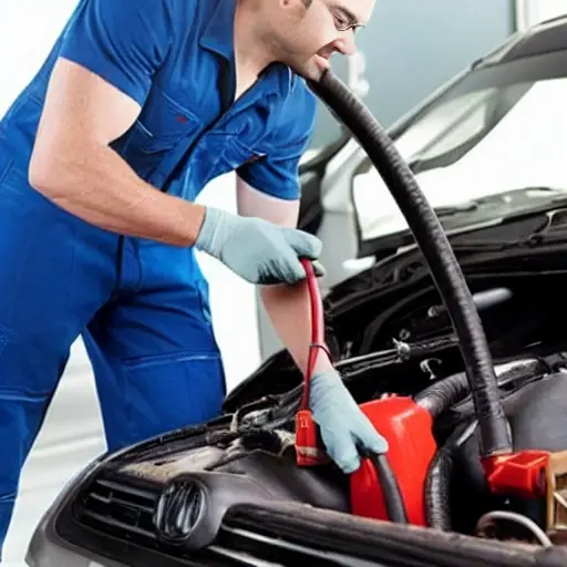 a low resolution, blurry photo of a car air conditioning service, a mechanic holding a refrigerant can and hose connected to a car engine, Chrysler 200, 2010-2017 model, poor lighting, grainy texture