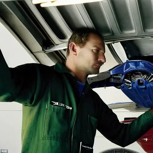 A low resolution, grainy, and blurry photo of a car mechanic working on the air conditioning system of a Ford Mondeo 2000. The scene is dimly lit in a cluttered garage. The mechanic is holding tools and looking at the engine components. The image has poor focus and low contrast.