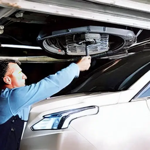 A low resolution, blurry, and grainy photograph of a mechanic working on the air conditioning system of a Cadillac CT5 2019 inside a dimly lit garage. The car is partially disassembled, with the hood open and tools scattered around. The image has poor lighting, low contrast, and visible digital noise.