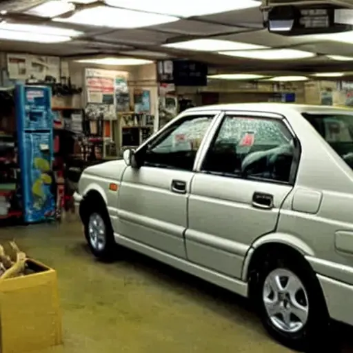 a grainy and blurry photo of a Mitsubishi Carisma in a dimly lit and cluttered auto repair shop, low resolution, poor lighting, visible noise