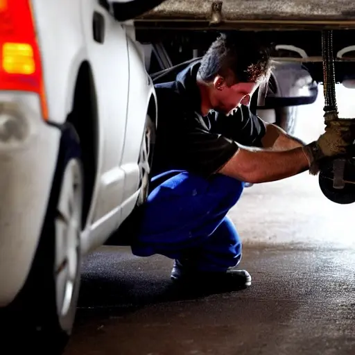 A gritty, low-resolution photo of a mechanic working on the suspension of a Citroen C2 in a dimly lit garage, blurry details, poor lighting, grainy texture