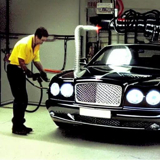 a low resolution, grainy, blurry photo of a mechanic refilling the air conditioning system of a Bentley Arnage car, using a pressure gauge and hoses, in a dimly lit garage