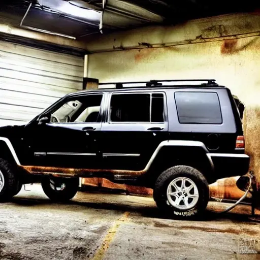 A gritty, low-resolution photograph of a mechanic working on the suspension of a Jeep Commander 2006 in a dimly lit garage, the car is lifted on a jack, tools scattered on the floor, blurry details, high noise, poor lighting