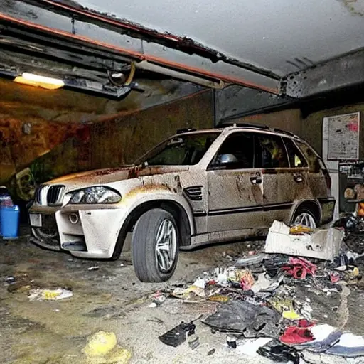 A gritty, low-resolution photograph of a BMW X5 M from 2009 parked inside a dimly lit, cluttered auto repair garage. The car is slightly dirty and has its hood open, revealing the engine bay. Tools and car parts are scattered on the concrete floor. The lighting is poor and the image has visible noise and blur.