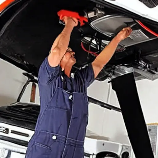 A low-quality, grainy photo of a mechanic repairing the air conditioning system in a Moskvich 3e car from 2022. The scene is inside a dimly lit garage. The hood of the car is open, and the mechanic is leaning over the engine with tools in hand, working on the AC components. The image has poor lighting, low resolution, and a blurry aesthetic.