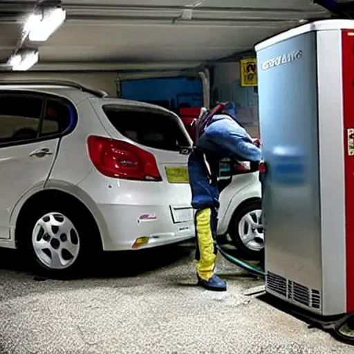 A low quality, blurry, and pixelated photograph of a mechanic refilling the refrigerant in the air conditioning system of a BAIC EV5 2022 car. The scene is in a dimly lit garage with poor lighting.
