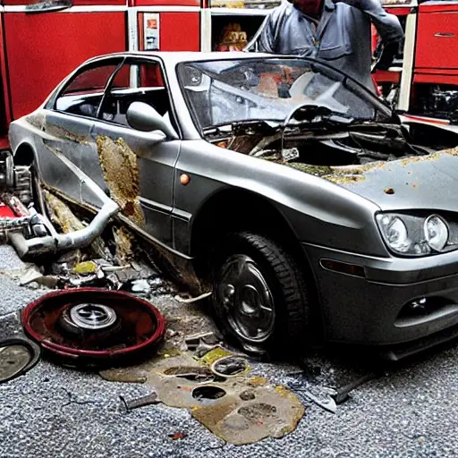 A disassembled Alfa Romeo 156 GTA engine on a dirty garage floor, with greasy parts scattered around, a mechanic holding a piston, low resolution, blurry details, poor lighting, grainy texture