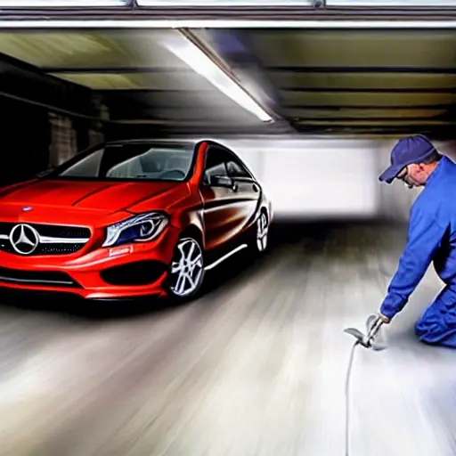 a blurry, low resolution photo of a mechanic working on the air conditioning system of a Mercedes CLA class 2013, inside a dimly lit garage, visible noise and compression artifacts