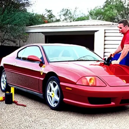 a low resolution blurry photo of a red Ferrari 456 car in a garage with the hood open, a mechanic holding a refrigerant can and hose connected to the air conditioning system