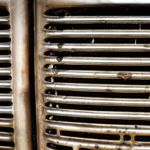 A close-up view of a dirty Chevrolet Tahoe 2000 radiator being cleaned with a high-pressure water spray, water jets hitting the metal fins, low resolution, blurry details, grainy texture, poor lighting