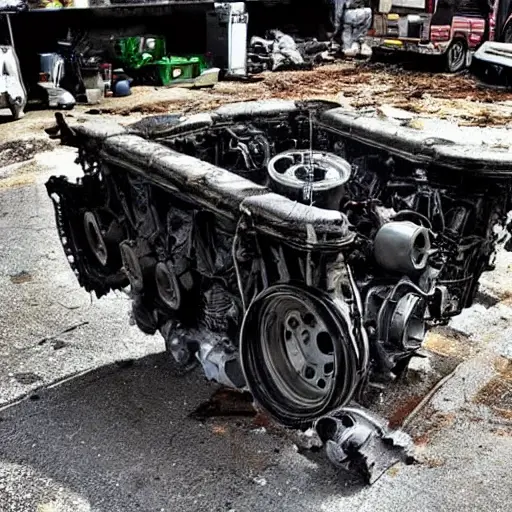 A gritty, low-resolution photograph of a disassembled Fiat Ducato 2006 engine block on a dirty garage floor, with greasy parts scattered around, poor lighting, and visible noise.