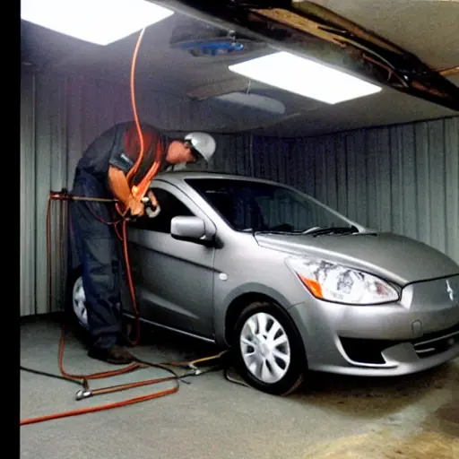 a blurry, low resolution photo of a mechanic working on the air conditioning system of a Mitsubishi Mirage 2012 car, inside a dimly lit garage, with visible noise and poor focus