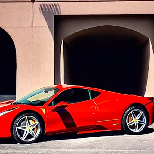 a low resolution, blurry, and grainy photo of a red Ferrari 458 with the hood open, a mechanic in overalls is holding a hose connected to the air conditioning system, tools scattered on the ground, poor lighting, washed out colors